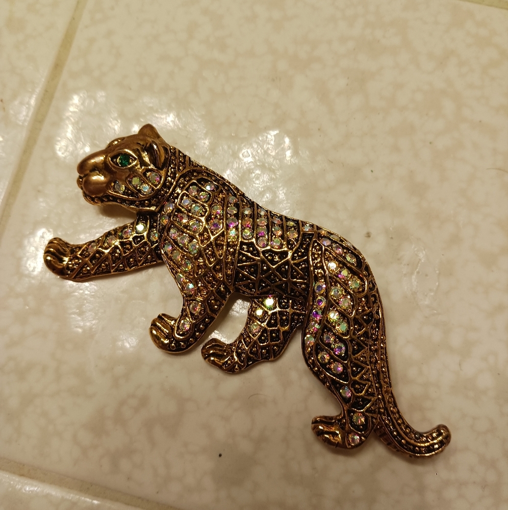 Gold Leopard Brooch with Multicolor Accents AB crytals
